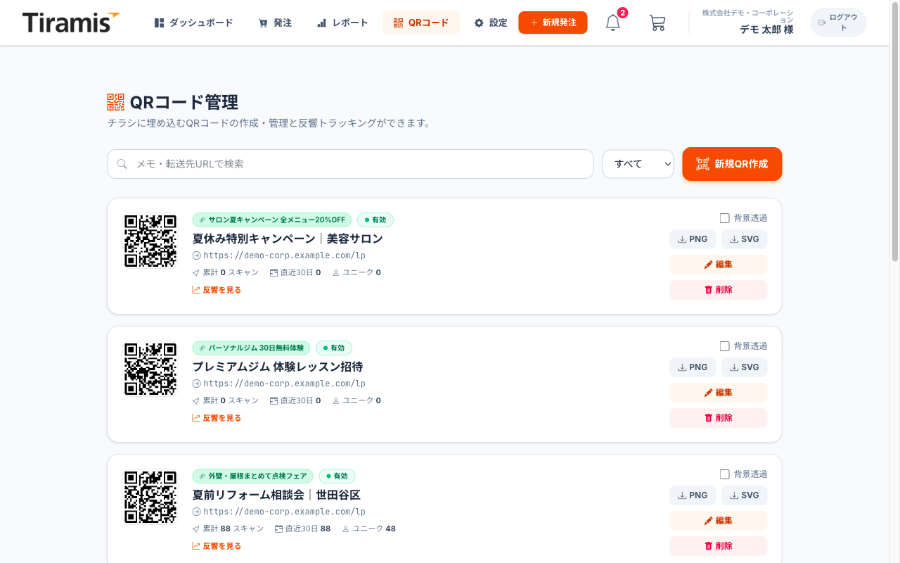 QRコード管理画面の一覧